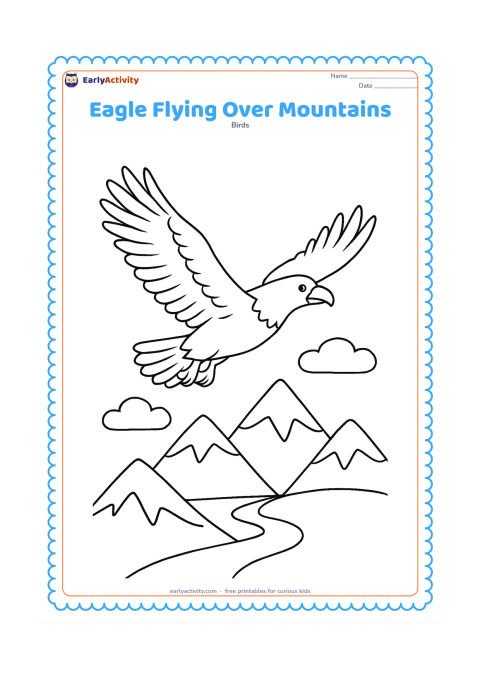 Colouring page: Draw an eagle soaring across the upper half of the page with wings fully extended and tail fanned. Below it, show layered mountain peaks, a winding river and two clouds.