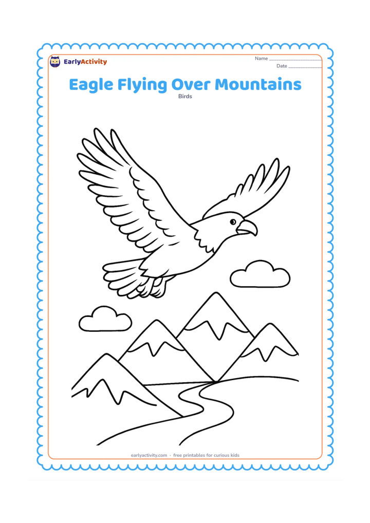 Colouring page: Draw an eagle soaring across the upper half of the page with wings fully extended and tail fanned. Below it, show layered mountain peaks, a winding river and two clouds.