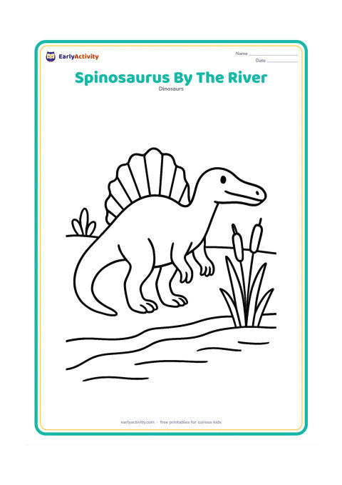 Colouring page: A Spinosaurus stands at the edge of a calm river, facing the water. Show its tall sail, long narrow snout, tail and a few large reeds along the bank.