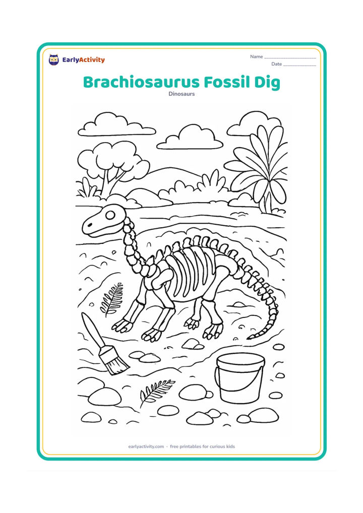 Colouring page: A partly uncovered brachiosaurus fossil lies in a rocky excavation area, with a second faint fossil section suggested in the surrounding layers of earth. Add brushes, a plain bucket,…