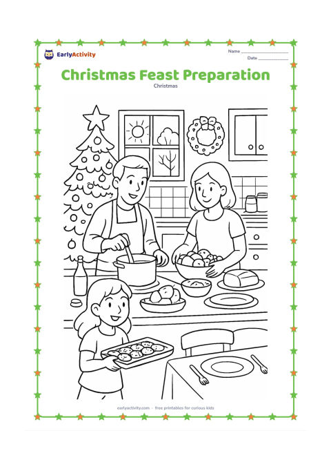 Colouring page: A family prepares a festive meal in a detailed kitchen, with one person stirring a pot, another arranging fruit and bread, and a child carrying cookies to the table. Include a decorated…