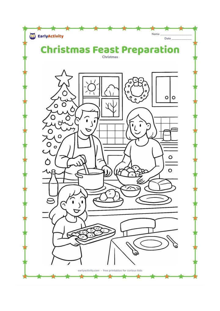 Colouring page: A family prepares a festive meal in a detailed kitchen, with one person stirring a pot, another arranging fruit and bread, and a child carrying cookies to the table. Include a decorated…