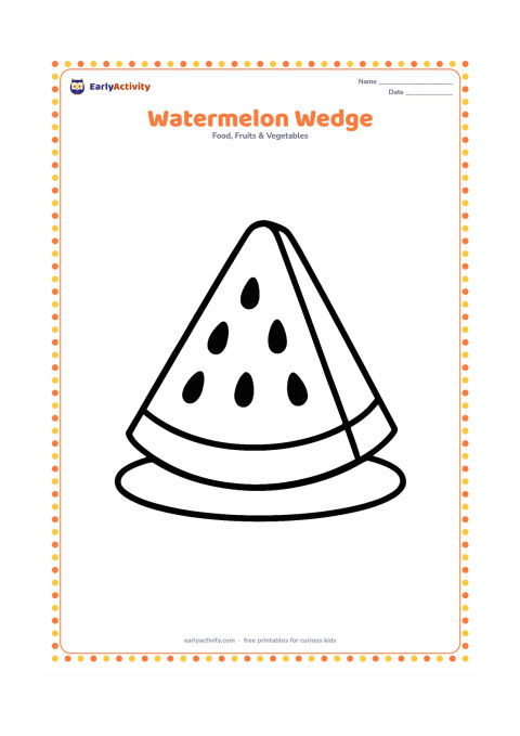 Colouring page: Draw a single upright watermelon wedge with a curved green rind and a row of large oval seeds inside the flesh. Add a tiny plate underneath.