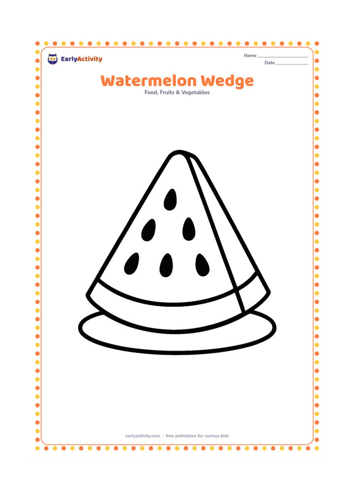Colouring page: Draw a single upright watermelon wedge with a curved green rind and a row of large oval seeds inside the flesh. Add a tiny plate underneath.