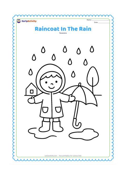 Colouring page: A child in a hooded raincoat stands with arms spread under gentle rain, beside a large umbrella and two puddles. Add a simple house roof and one tree in the background.
