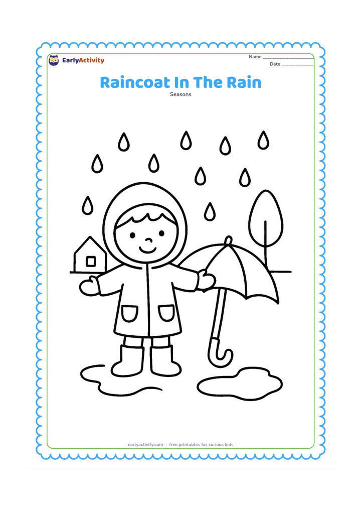 Colouring page: A child in a hooded raincoat stands with arms spread under gentle rain, beside a large umbrella and two puddles. Add a simple house roof and one tree in the background.