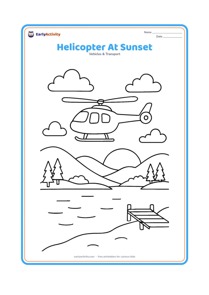 Colouring page: Draw a helicopter flying across a sunset sky above a lake, with layered hills, tree silhouettes, clouds and a small dock. Include reflections as simple curved lines in the water.