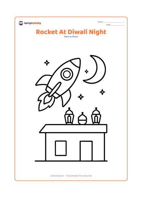 Worksheet: A side-view rocket rises above a simple Indian rooftop at night, with a round window, fins, curved flames, a crescent moon and several decorative lamp shapes on the roof. Do not include…