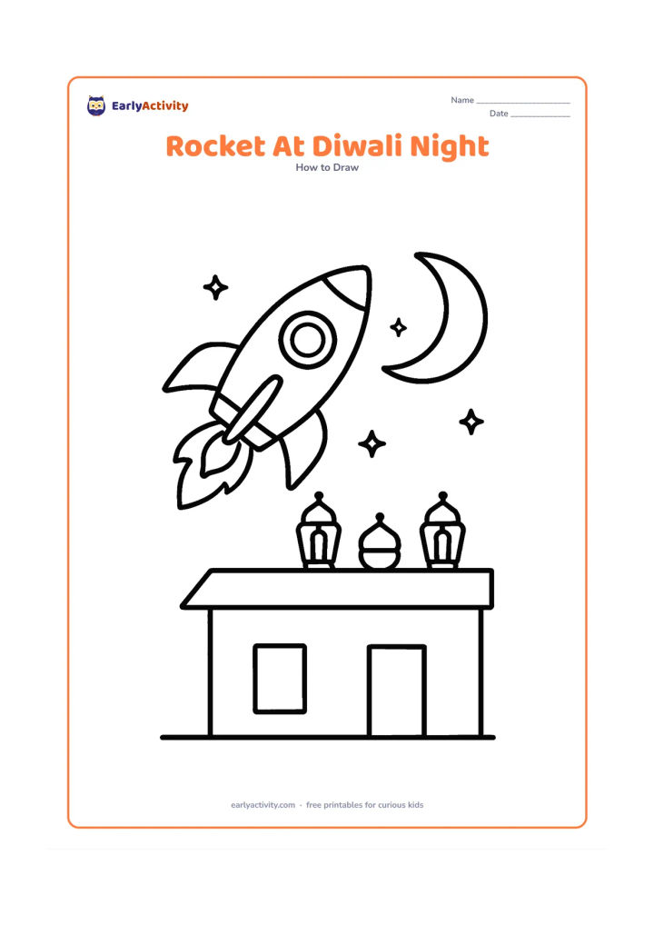 Worksheet: A side-view rocket rises above a simple Indian rooftop at night, with a round window, fins, curved flames, a crescent moon and several decorative lamp shapes on the roof. Do not include…