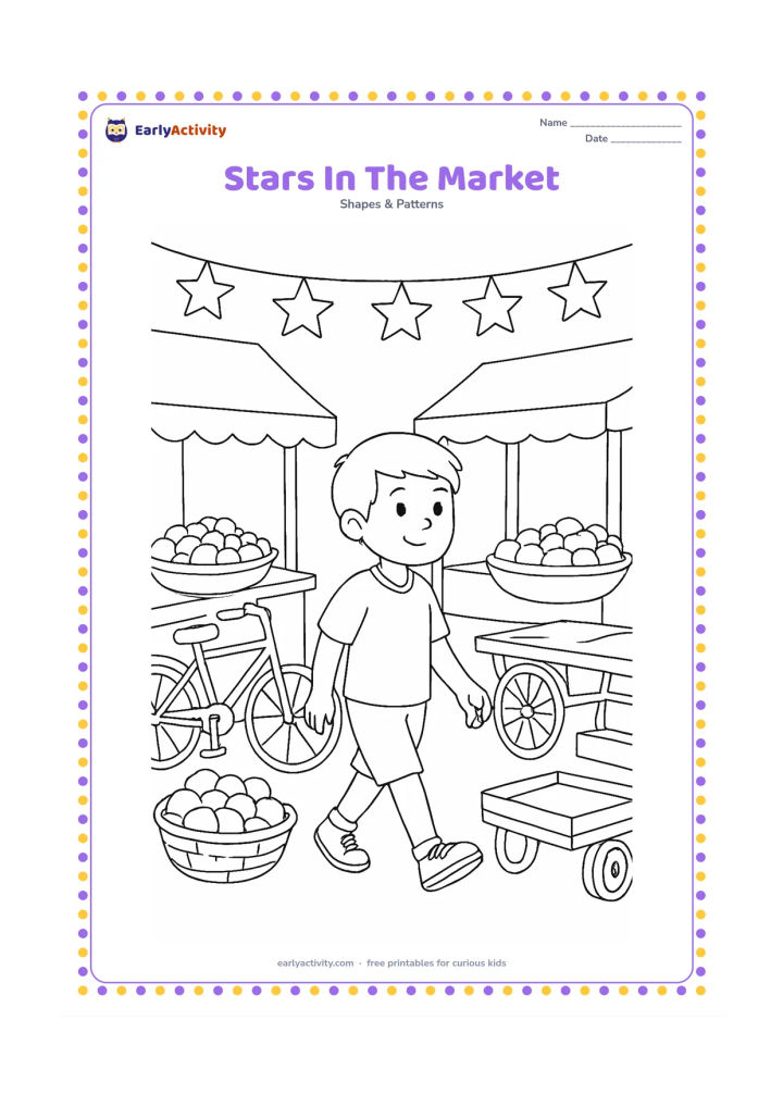 Colouring page: A child walks through a colourful Indian market beneath strings of five-point star decorations, with fruit baskets, a bicycle, a handcart and broad shop awnings without signs.