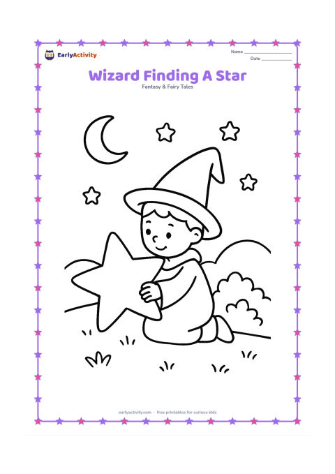 Colouring page: A young wizard kneels on a grassy hill and carefully lifts a large fallen star from beside a bush. Show a night sky with a crescent moon, a few stars and distant rounded hills.