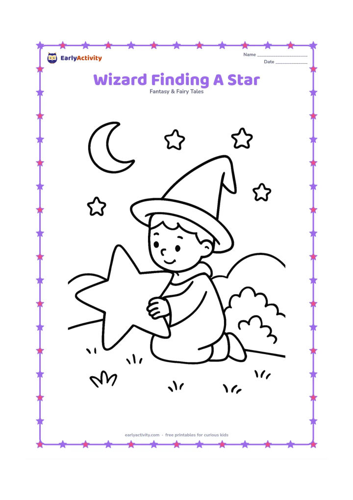 Colouring page: A young wizard kneels on a grassy hill and carefully lifts a large fallen star from beside a bush. Show a night sky with a crescent moon, a few stars and distant rounded hills.