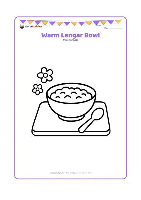 Colouring page: Draw one large bowl of food on a low tray, with a spoon and two simple flower shapes beside it. Include a plain floor mat underneath.