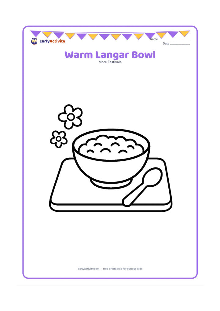Colouring page: Draw one large bowl of food on a low tray, with a spoon and two simple flower shapes beside it. Include a plain floor mat underneath.