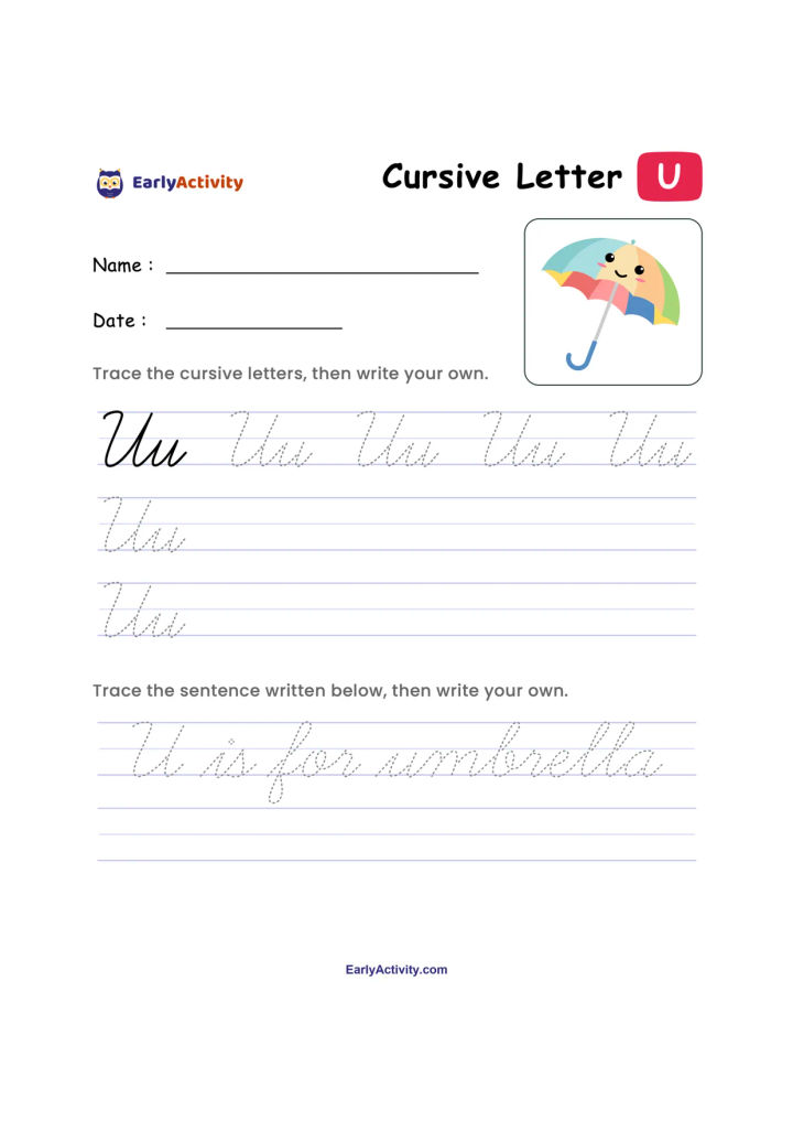 Worksheet showing cursive letter U practice, an umbrella picture, and the sentence “U is for umbrella” to trace.