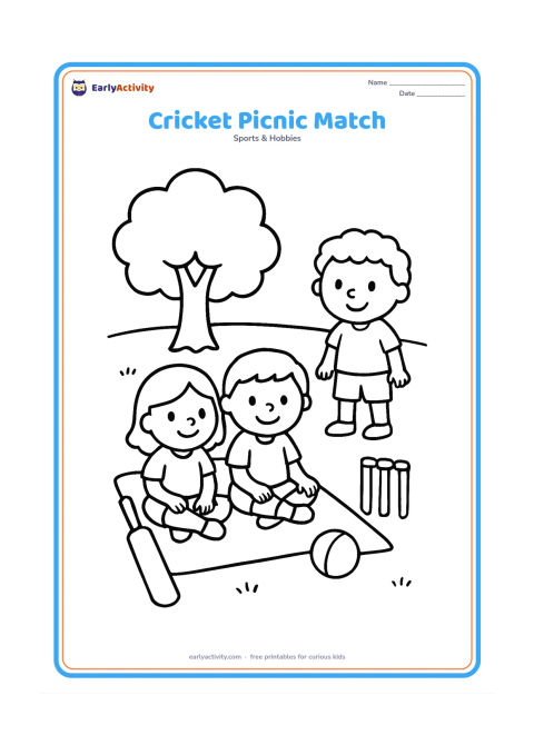 Colouring page: Two children sitting on a simple picnic blanket beside a bat, ball and wickets, while another child stands nearby. Add one tree and a broad grassy ground.