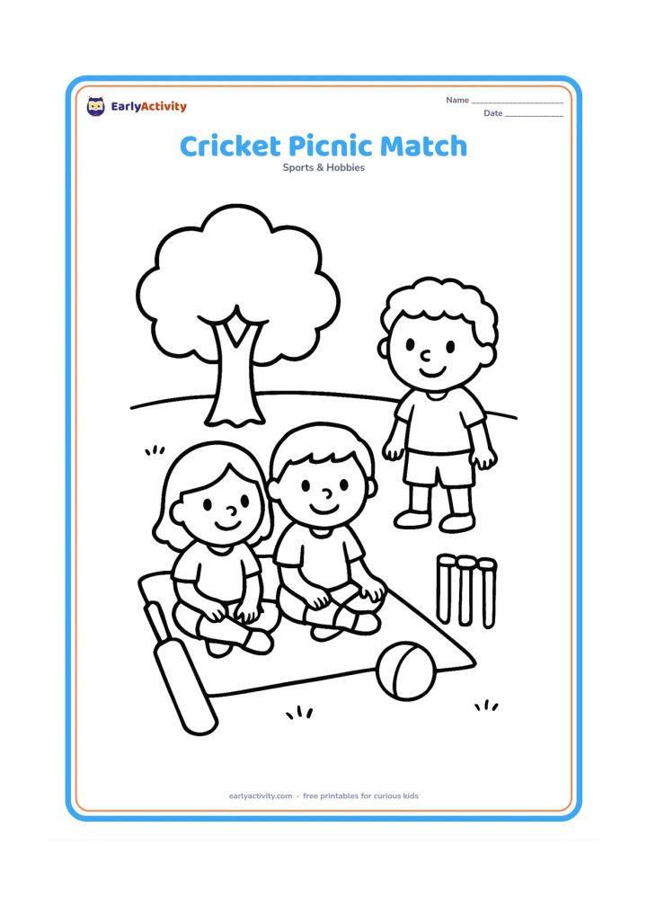 Colouring page: Two children sitting on a simple picnic blanket beside a bat, ball and wickets, while another child stands nearby. Add one tree and a broad grassy ground.