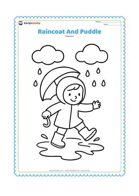 Colouring page: A young child in a hooded raincoat steps into a wide puddle while holding one simple umbrella. Add two large clouds and a few widely spaced raindrops.