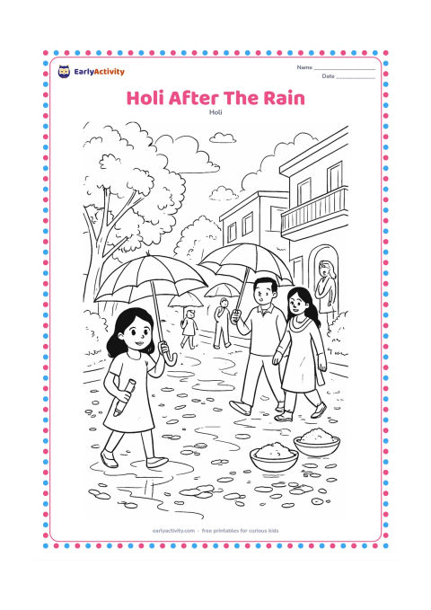 Colouring page: After a light spring shower, children and adults walk through a neighbourhood lane with colourful umbrellas, damp flower petals, gulal bowls, and pichkaris. Include puddle reflections,…