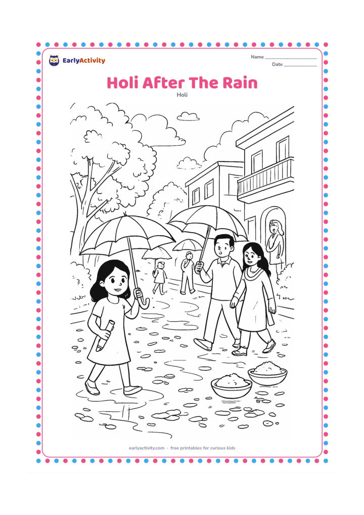 Colouring page: After a light spring shower, children and adults walk through a neighbourhood lane with colourful umbrellas, damp flower petals, gulal bowls, and pichkaris. Include puddle reflections,…