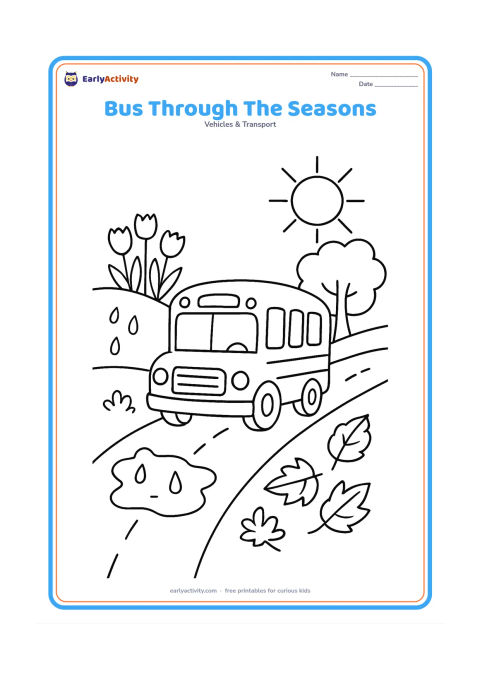 Colouring page: Draw a school bus on a central road divided into four natural areas: spring flowers, a sunny summer tree, monsoon puddles, and autumn leaves. Keep the divisions flowing around one…