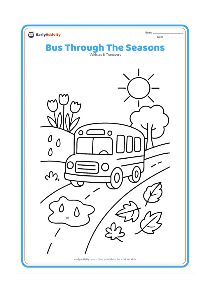 Colouring page: Draw a school bus on a central road divided into four natural areas: spring flowers, a sunny summer tree, monsoon puddles, and autumn leaves. Keep the divisions flowing around one…