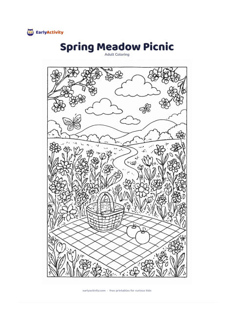 Colouring page: A spring meadow filled with wildflowers, with a checked picnic blanket, a basket, a winding path and distant rounded hills beneath drifting clouds. Add a few butterflies and flowering…