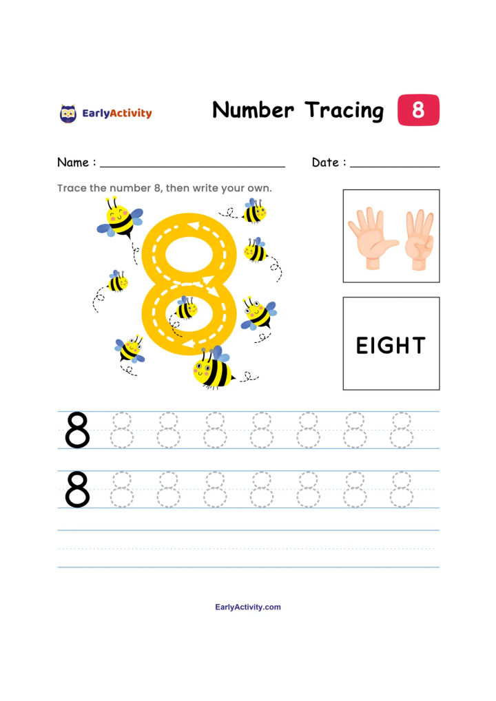 Worksheet showing number 8 tracing lines, the word EIGHT, a hand showing eight, and bees around a large number 8.