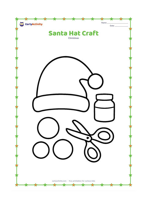 Colouring page: A large plain Santa-style hat lies beside scissors with rounded child-safe blades, a glue pot, and three large paper circles for decorating. Do not include labels or writing on the craft…