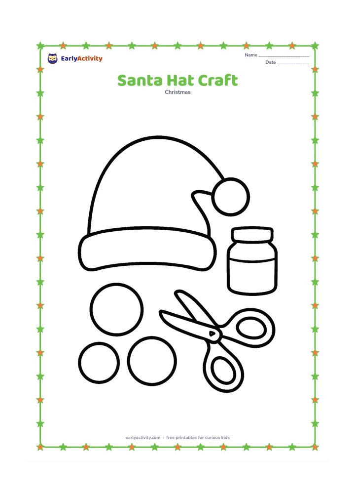 Colouring page: A large plain Santa-style hat lies beside scissors with rounded child-safe blades, a glue pot, and three large paper circles for decorating. Do not include labels or writing on the craft…