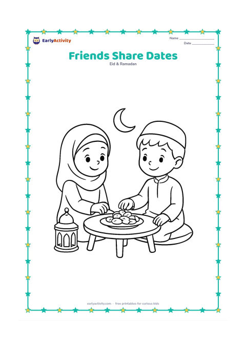 Colouring page: Two children in festive clothes sit at a low table and share a plate of dates. A small lantern, floor cushion, and crescent decoration complete the indoor Eid setting.