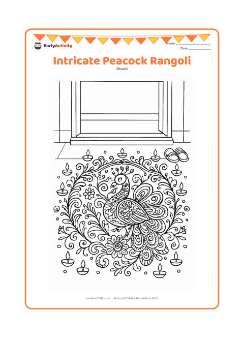 Colouring page: Draw a detailed peacock-shaped rangoli filling a wide entryway, with layered feathers, curved vines, flower rosettes, dots and small diyas around the border. Include the threshold of an…