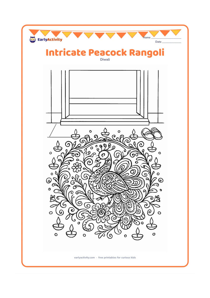 Colouring page: Draw a detailed peacock-shaped rangoli filling a wide entryway, with layered feathers, curved vines, flower rosettes, dots and small diyas around the border. Include the threshold of an…