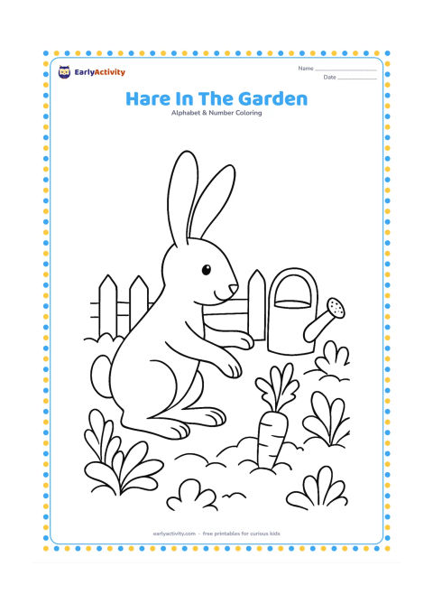 Colouring page: A long-eared hare reaches toward a carrot in a vegetable garden, with leafy plants, a low garden fence, and a watering can behind it. Leave the watering can and fence plain.