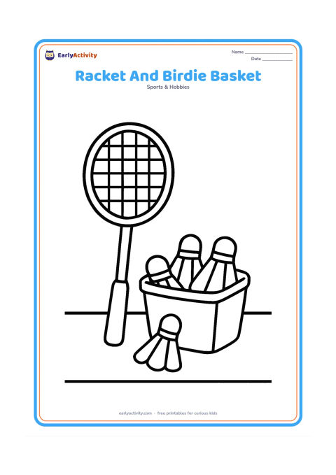 Colouring page: Draw a badminton racket leaning beside a small open basket filled with shuttlecocks. Place both objects on a simple floor line with one broad court stripe.