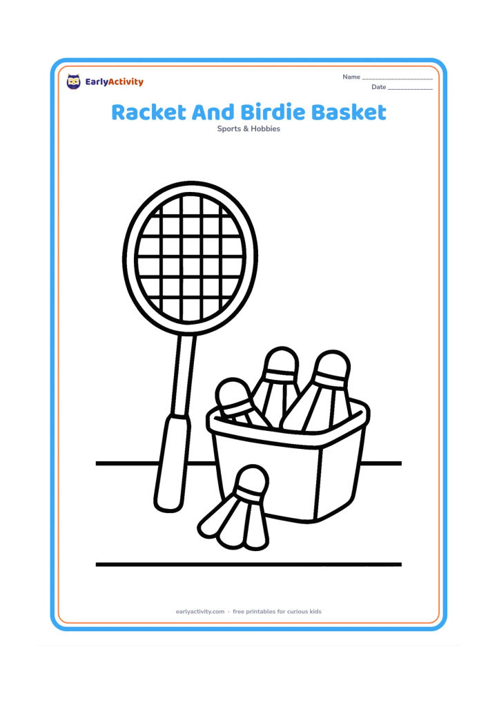 Colouring page: Draw a badminton racket leaning beside a small open basket filled with shuttlecocks. Place both objects on a simple floor line with one broad court stripe.