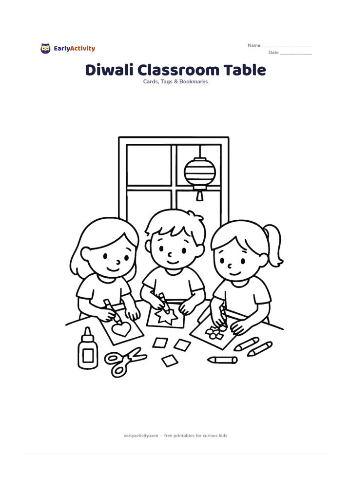Worksheet: Draw three children around a classroom table colouring card designs, with crayons, safe scissors, glue and small coloured-paper pieces visible. Add a window with a simple hanging lantern…