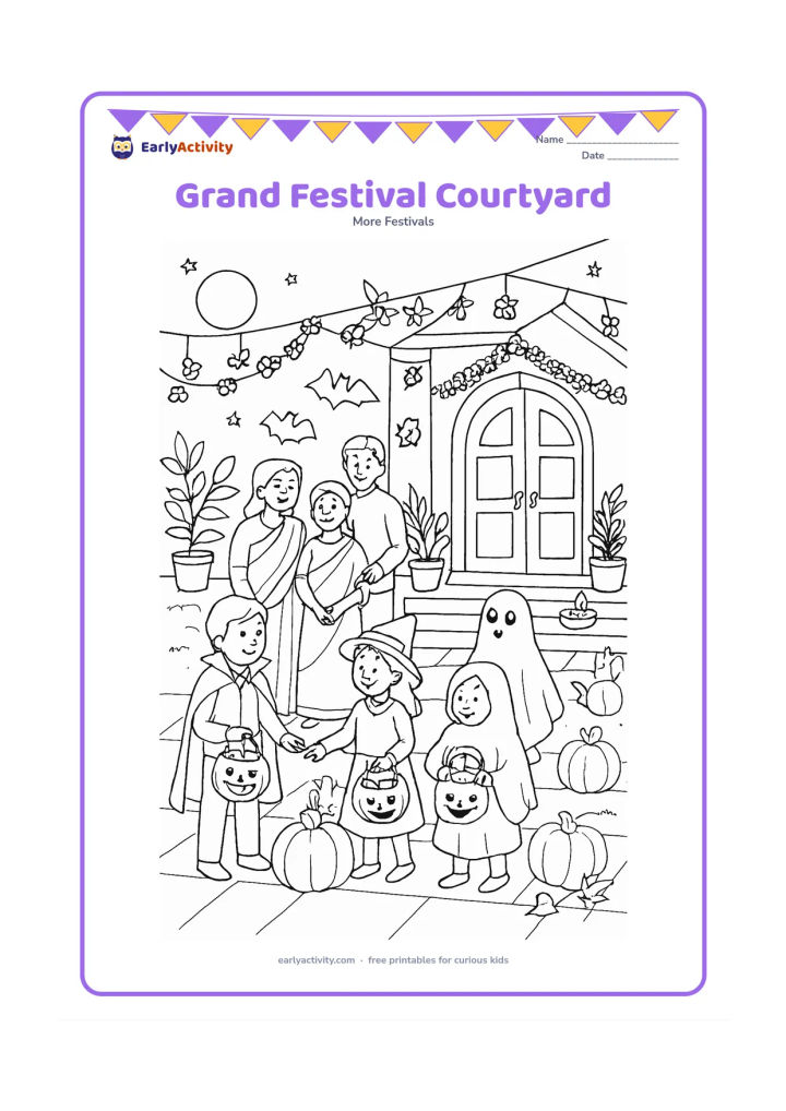 Colouring page: Draw a detailed courtyard gathering with children in gentle Halloween costumes, pumpkins, turnips, paper bats, flower garlands, clay lamps, treat baskets, and a decorated home entrance.…