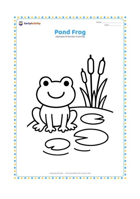 Colouring page: Draw a smiling frog sitting beside a small pond with two lily pads and three tall reeds. Show a few simple ripples on the water.