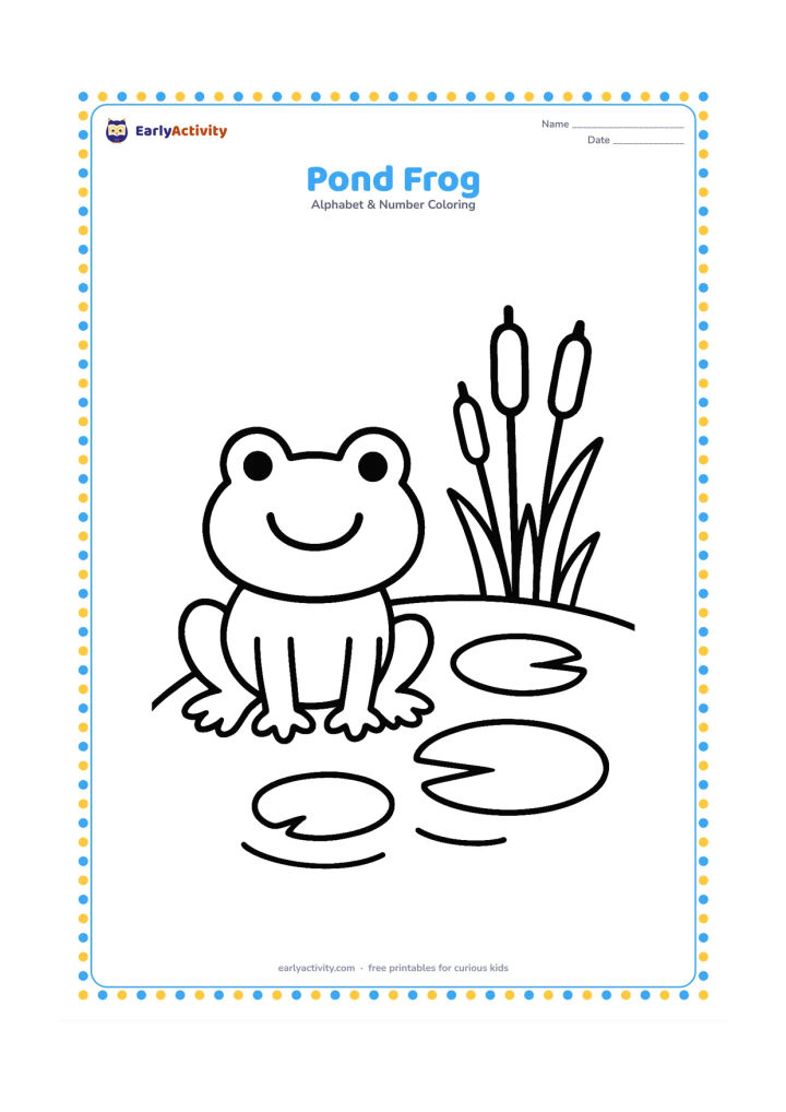 Colouring page: Draw a smiling frog sitting beside a small pond with two lily pads and three tall reeds. Show a few simple ripples on the water.