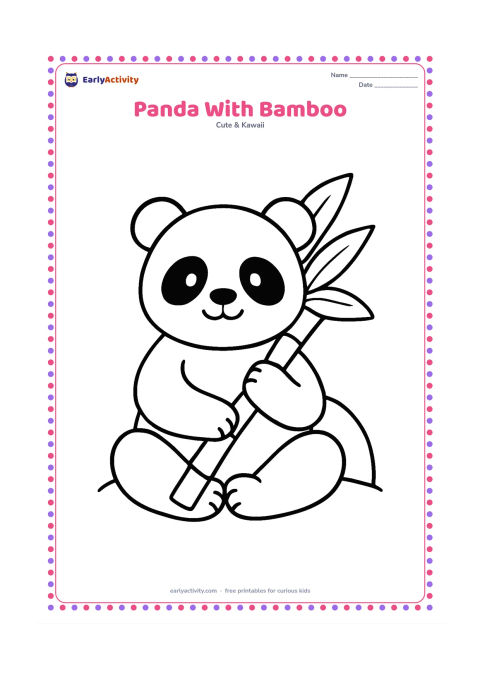 Colouring page: A cute panda sits cross-legged while holding one thick bamboo stalk. Add two large bamboo leaves and a rounded mound behind it.