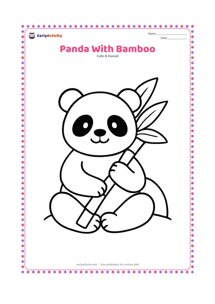 Colouring page: A cute panda sits cross-legged while holding one thick bamboo stalk. Add two large bamboo leaves and a rounded mound behind it.