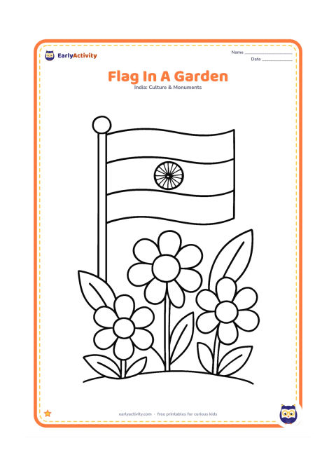 Colouring page: Draw an Indian flag on a short pole in a garden, surrounded by three large flowers and broad leaves. Show the flag facing forward with its Ashoka Chakra clearly centred.