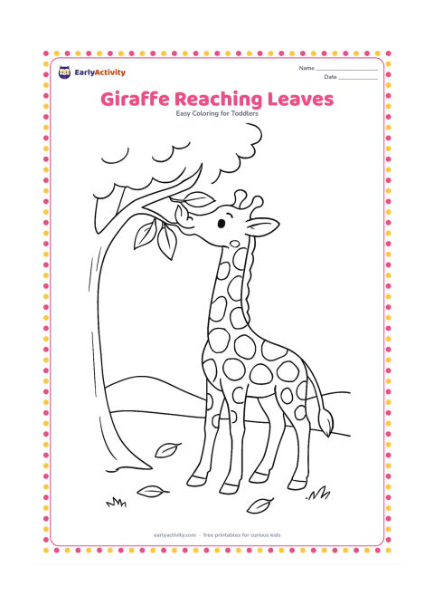 Colouring page: Draw a giraffe stretching its long neck to eat leaves from a broad tree branch. Include a few fallen leaves, a grassy ground line and a distant low hill.