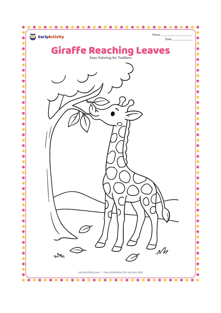 Colouring page: Draw a giraffe stretching its long neck to eat leaves from a broad tree branch. Include a few fallen leaves, a grassy ground line and a distant low hill.