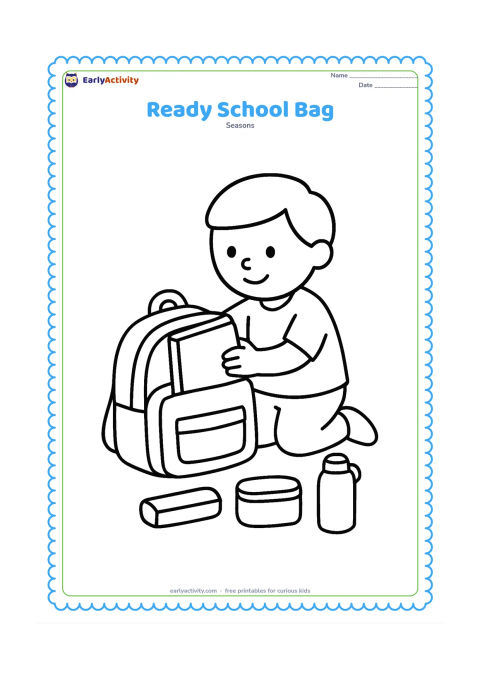 Colouring page: A young child kneels beside an open school bag and places one large book inside. Show a lunch box, pencil case and water bottle nearby with plenty of open space around each object.