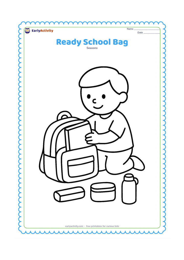 Colouring page: A young child kneels beside an open school bag and places one large book inside. Show a lunch box, pencil case and water bottle nearby with plenty of open space around each object.