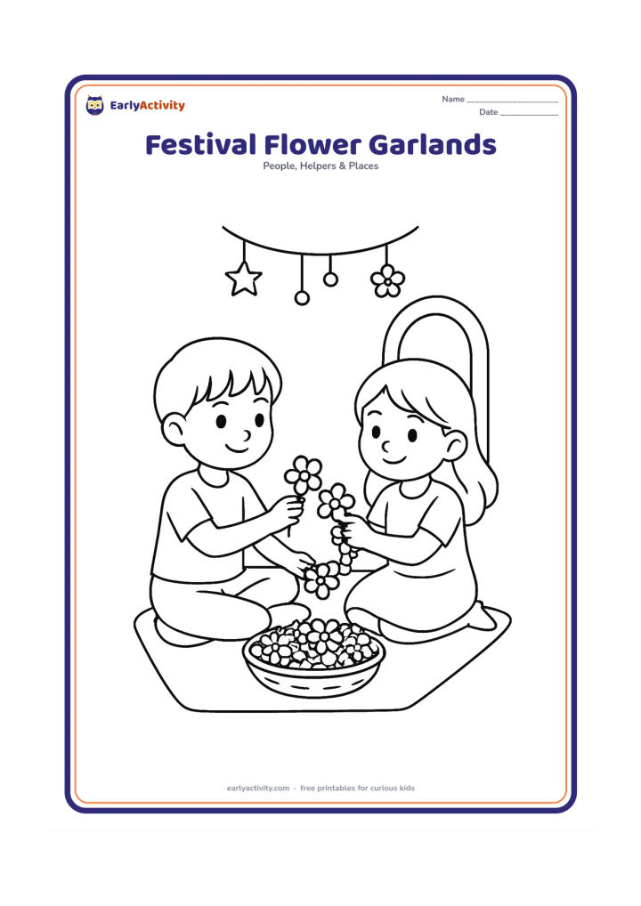 Colouring page: Two children sit together making a flower garland, passing flowers to each other on a mat. Include a shallow basket of flowers, a doorway, and simple hanging decorations with no symbols…