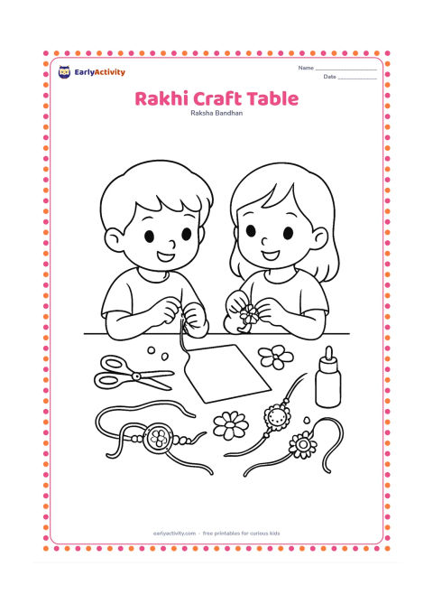 Colouring page: Two children make rakhis at a table with thread, beads, paper flowers, scissors, glue, and several finished rakhis. Leave one large blank paper shape ready for the child colouring the…
