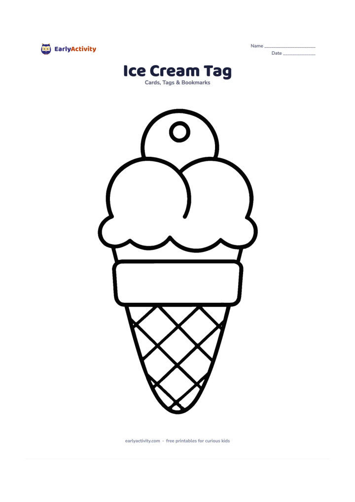 Worksheet: Draw a large ice-cream cone-shaped gift tag with three round scoops, a simple cone pattern and a blank panel across the cone for writing. Put the hanging hole above the top scoop.